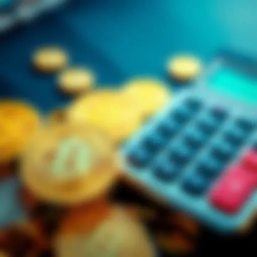 A pile of Bitcoin coins next to a calculator, representing investment calculations.