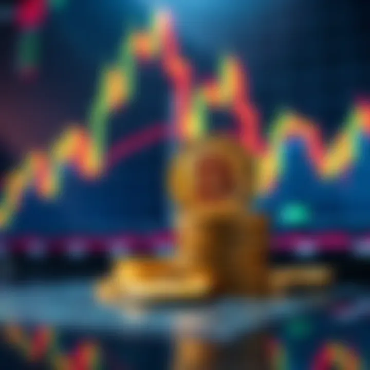 A stack of shiny Bitcoin coins in front of a fluctuating stock market chart, symbolizing investment decisions.