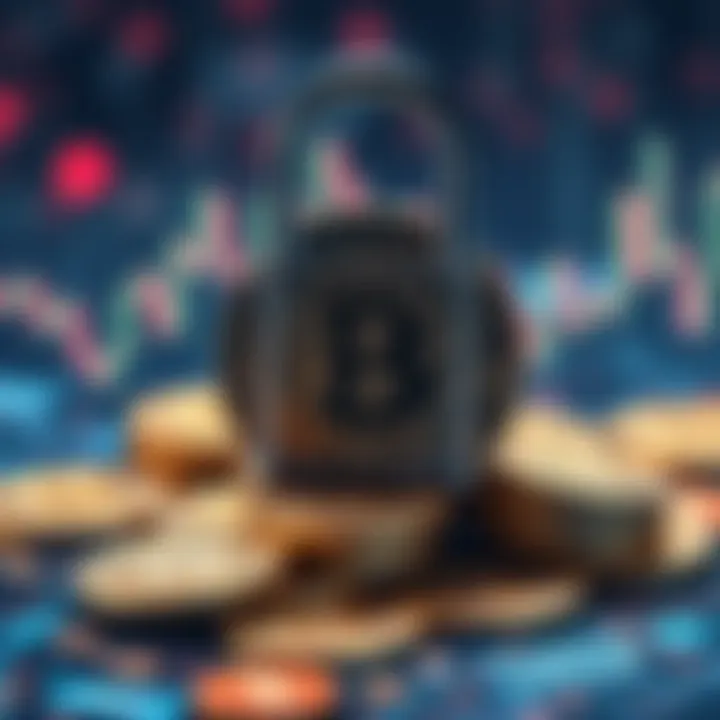 An illustration of Bitcoin coins being locked up, symbolizing the freezing of Satoshi's coins due to a quantum upgrade.