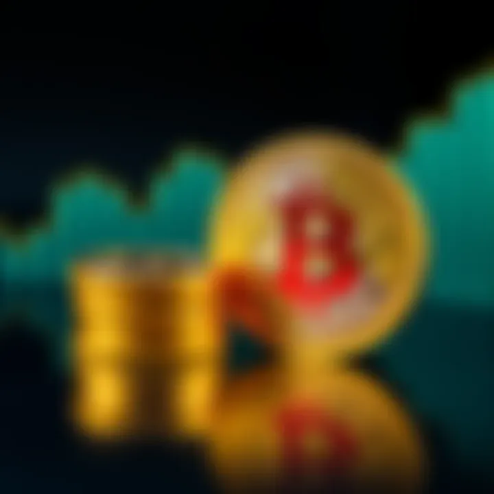 A stack of gold Bitcoin coins next to a graph showing an upward trend, representing the rising value of Bitcoin and the struggle for people to own one whole coin.