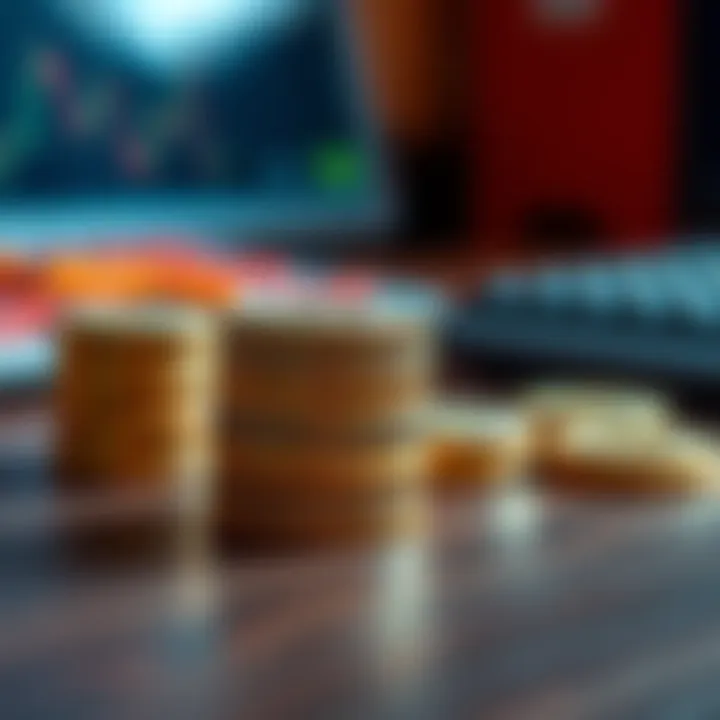 Bitcoin coins stacked on a table A close-up of shiny Bitcoin coins stacked on a wooden table, symbolizing investment and cryptocurrency trust.