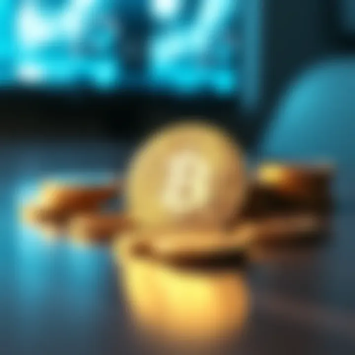 Bitcoin Coins on a Table A close-up view of shiny Bitcoin coins placed on a wooden table with reflections, highlighting their value and appeal as an investment.