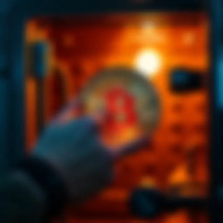 A person placing a Bitcoin symbol into a secure safe for cold storage.