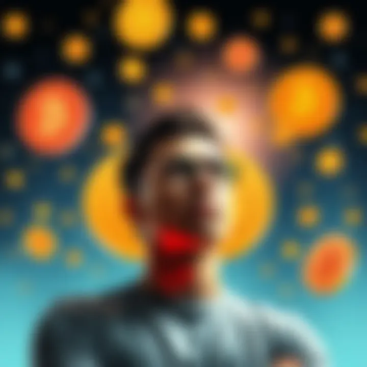 A person thinking about borrowing against Bitcoin, surrounded by Bitcoin symbols and finance icons, reflecting the decision-making process.