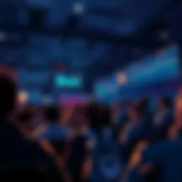 Bitcoin community hesitating to invest A crowd of people watching Bitcoin price charts on screens, showing both excitement for dips and hesitation to buy.