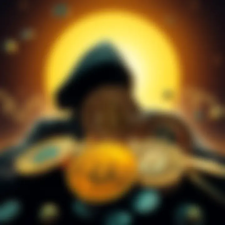 A graphic showing Bitcoin coins with a shadowy figure in the background, symbolizing the debate around its implications and comparisons to controversial figures.