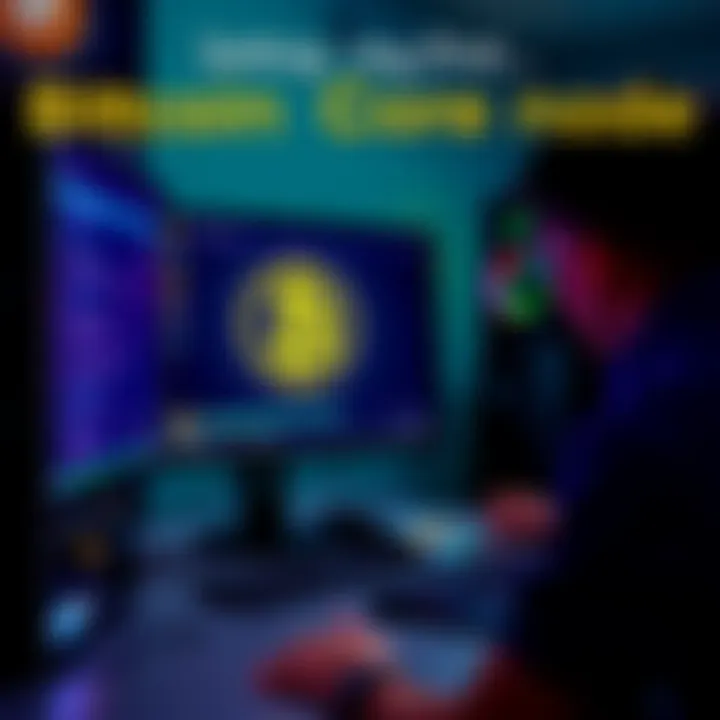 A person configuring a computer for a Bitcoin Core node with a monitor displaying the setup interface.