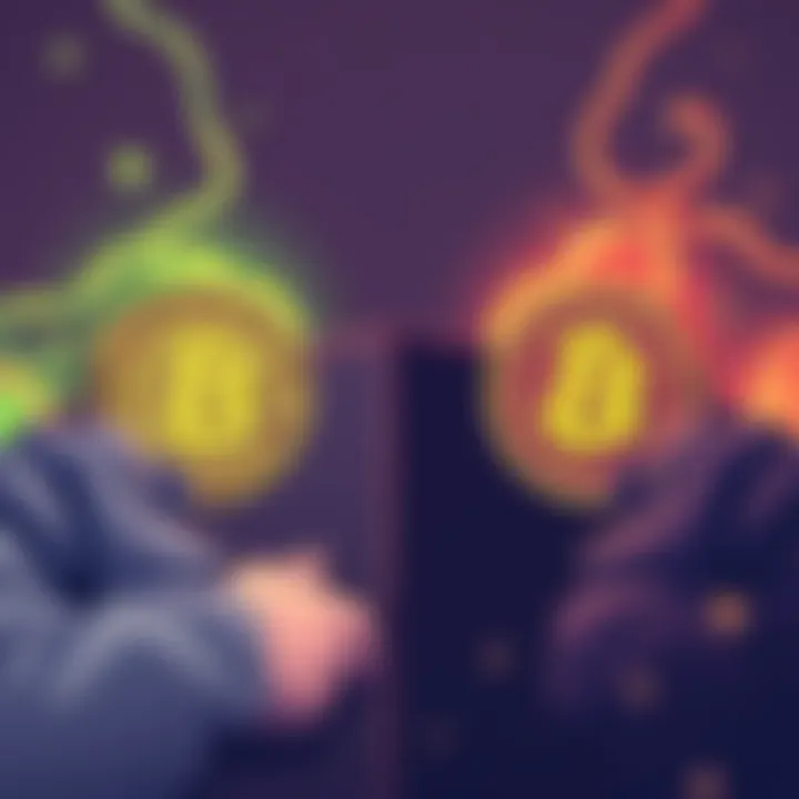 Bitcoin Core vs Knots Debate Illustration of two factions debating over Bitcoin, symbolizing Bitcoin Core and Bitcoin Knots with contrasting logos.