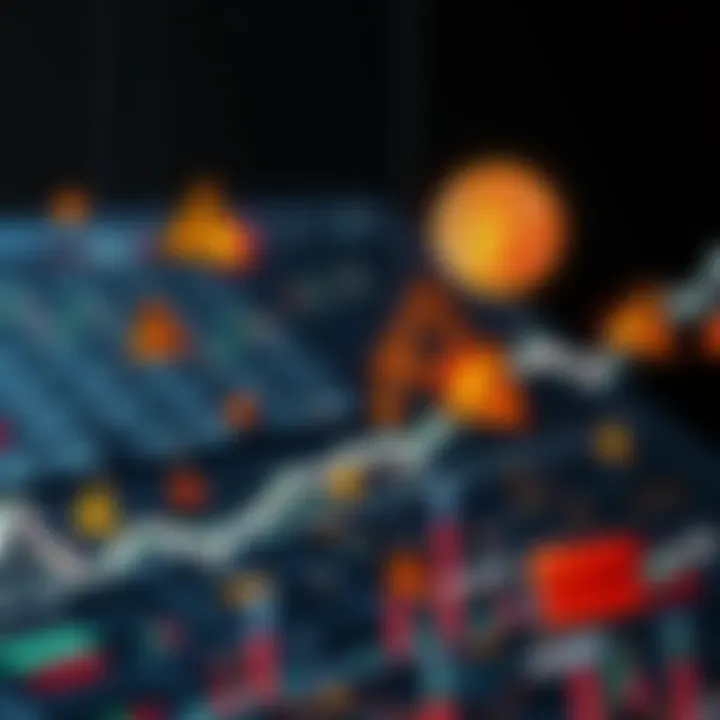 A graph showing the downward trend of Bitcoin prices with warning signs and scam symbols around it.