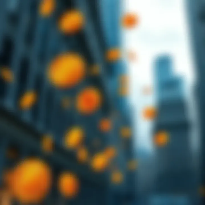 A visual representation of Bitcoin symbols falling, with a backdrop of Wall Street buildings, indicating a financial collapse.
