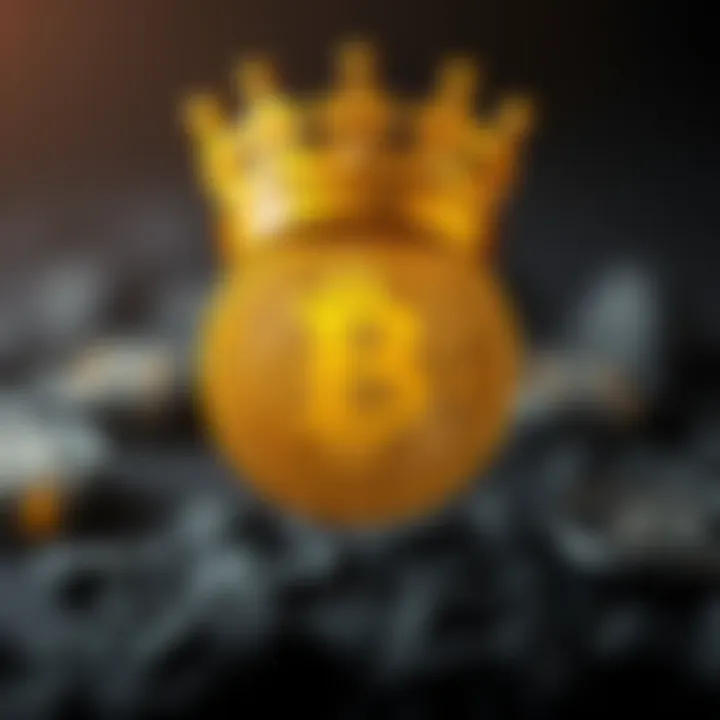 A golden Bitcoin symbol with a crown on top, signifying its dominance in the cryptocurrency market.