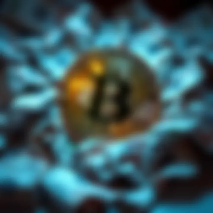 A shiny Bitcoin symbol surrounded by crumpled fiat currency notes representing the decline of traditional money.