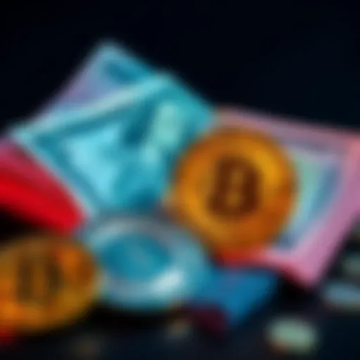 A visual representation of Bitcoin coins next to cash, highlighting the contrast between digital currency and traditional money.