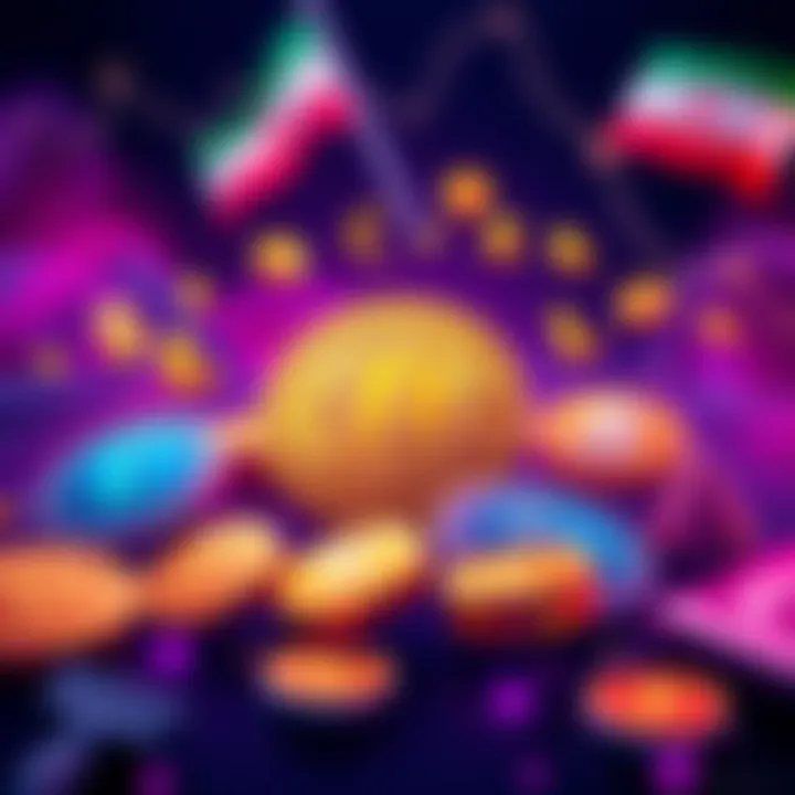 An illustration showing Bitcoin alongside various currency symbols, emphasizing its role as a modern currency during the Iran War.