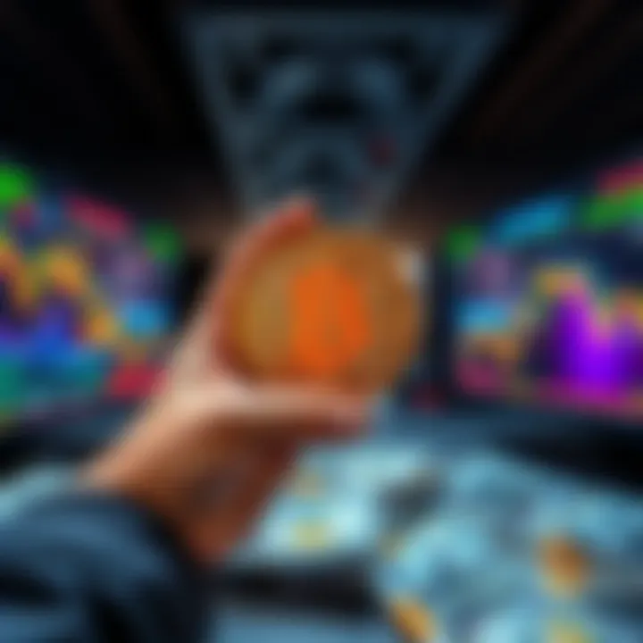 A person holding a Bitcoin symbol over a background of cash and digital screens showing cryptocurrency prices.