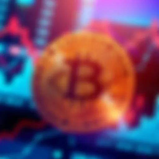 A digital representation of the Bitcoin currency symbol with a backdrop of financial graphs and numbers.