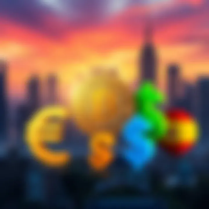 Illustration showing Bitcoin coin alongside symbols of the Euro, Dollar, and Peso with a city skyline background representing Germany, USA, and Spain