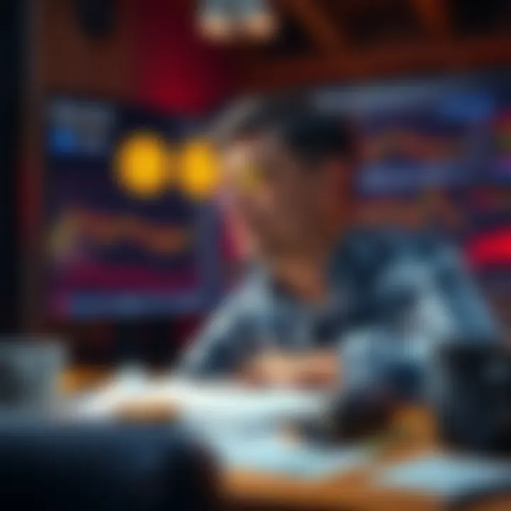 A new investor looking at a screen showing Bitcoin prices and market trends, looking worried about recent drops, surrounded by coffee cups and notes