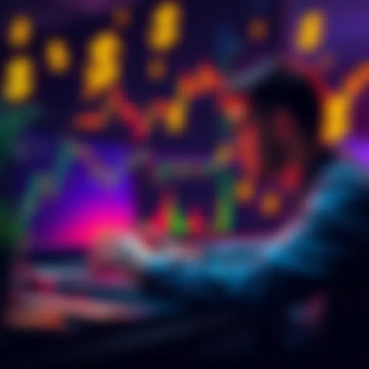 A person analyzing Bitcoin price charts on a laptop while calculating investment strategies, surrounded by declining market graphs and dollar signs.