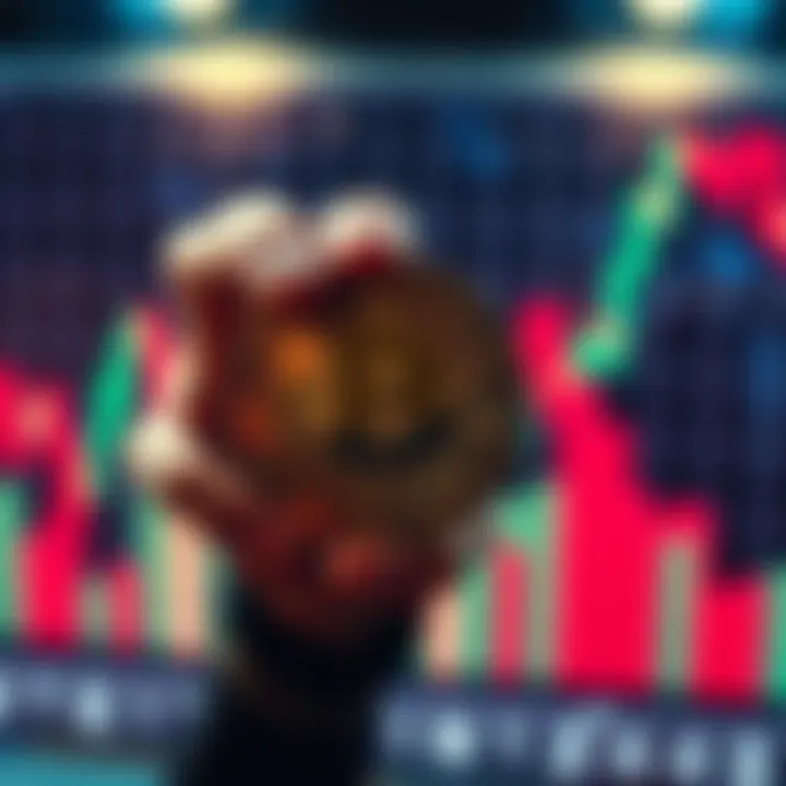 A person holding a Bitcoin symbol with graphs showing market trends in the background.