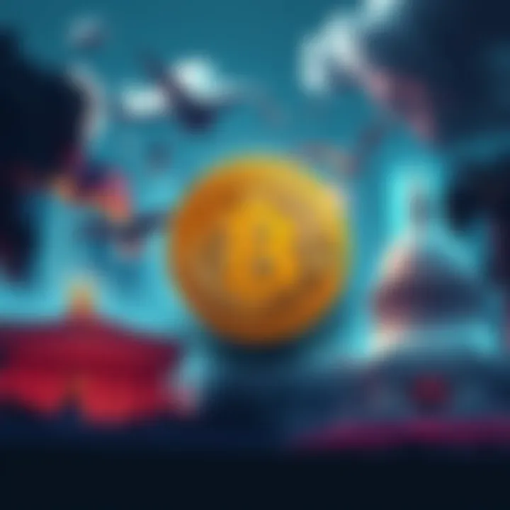 Bitcoin and Decentralization Illustration of a Bitcoin symbol surrounded by images of traditional banks and government buildings, highlighting the contrast between centralized and decentralized systems.
