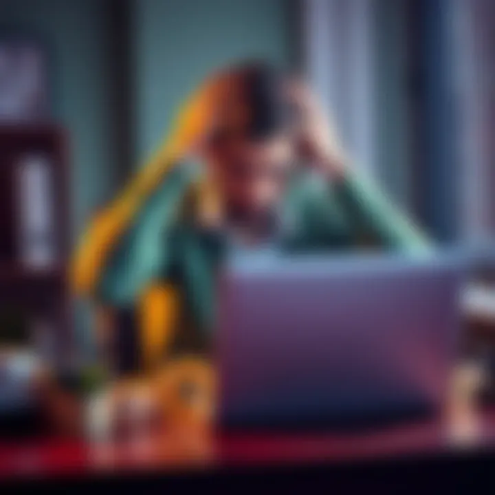 A frustrated person sitting at a desk with a laptop, holding their head in their hands due to a deposit hold from Nationwide Bank while investing in Bitcoin.