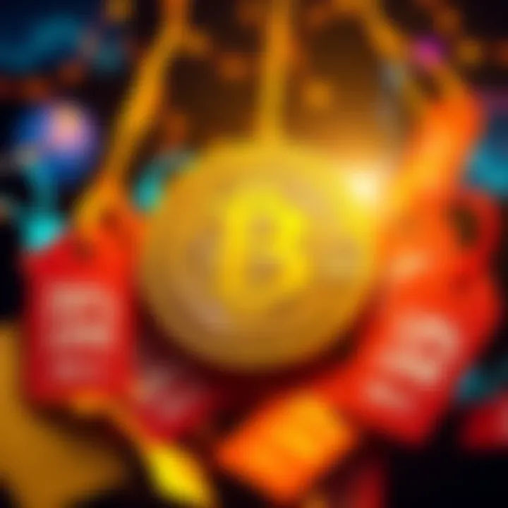 A shiny gold Bitcoin symbol surrounded by price tags showing lower prices