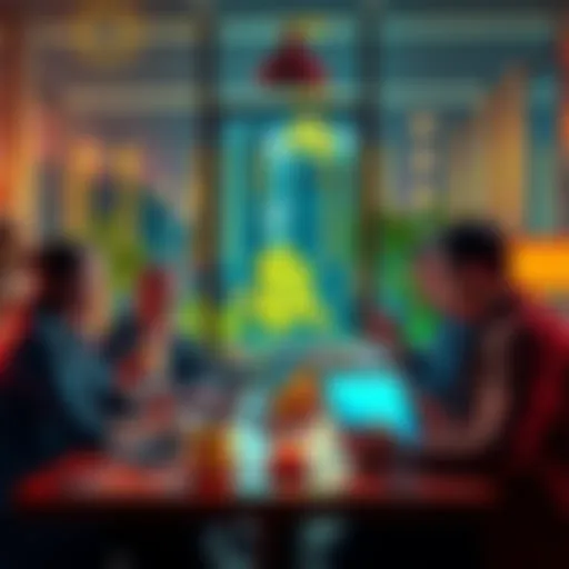 A group of people discussing Bitcoin with laptops and coffee cups in a cozy setting