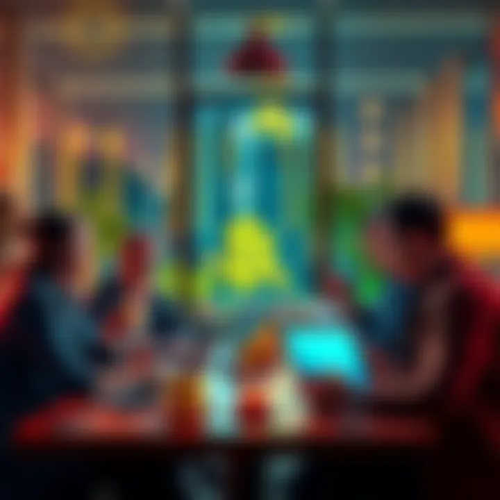 A group of people discussing Bitcoin with laptops and coffee cups in a cozy setting