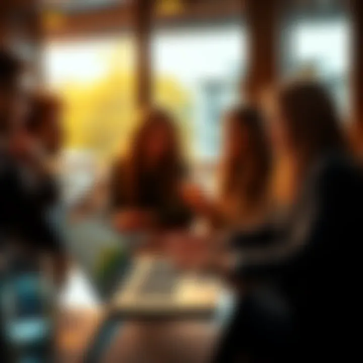 A group of people at a café discussing Bitcoin, with graphs and charts on a laptop in front of them, showing its rise in popularity.