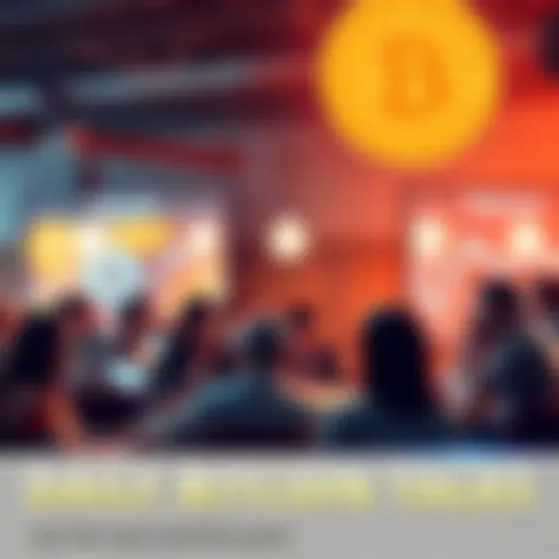 A group of people engaging in a lively discussion about Bitcoin, with laptops and smartphones visible