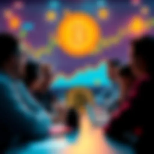 A group of people engaging in a lively discussion about Bitcoin with charts and crypto symbols in the background.