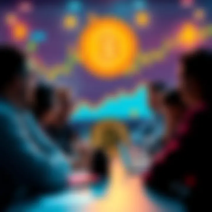 A group of people engaging in a lively discussion about Bitcoin with charts and crypto symbols in the background.