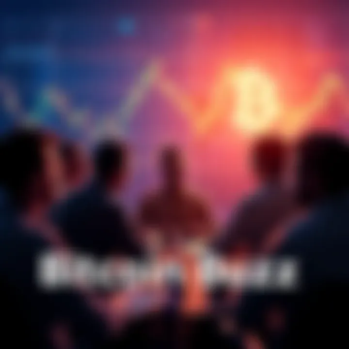 People engaging in a lively discussion about Bitcoin with charts and graphs in the background.