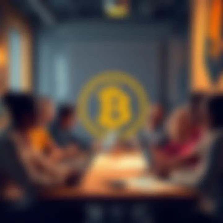 A group of diverse people discussing Bitcoin's origins in a casual setting with laptops and charts on the table.