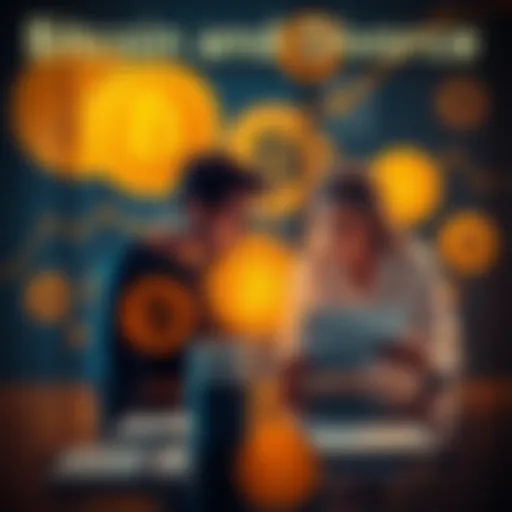 A couple sitting at a table, reviewing documents, with Bitcoin symbols in the background, representing the division of cryptocurrency in a divorce.