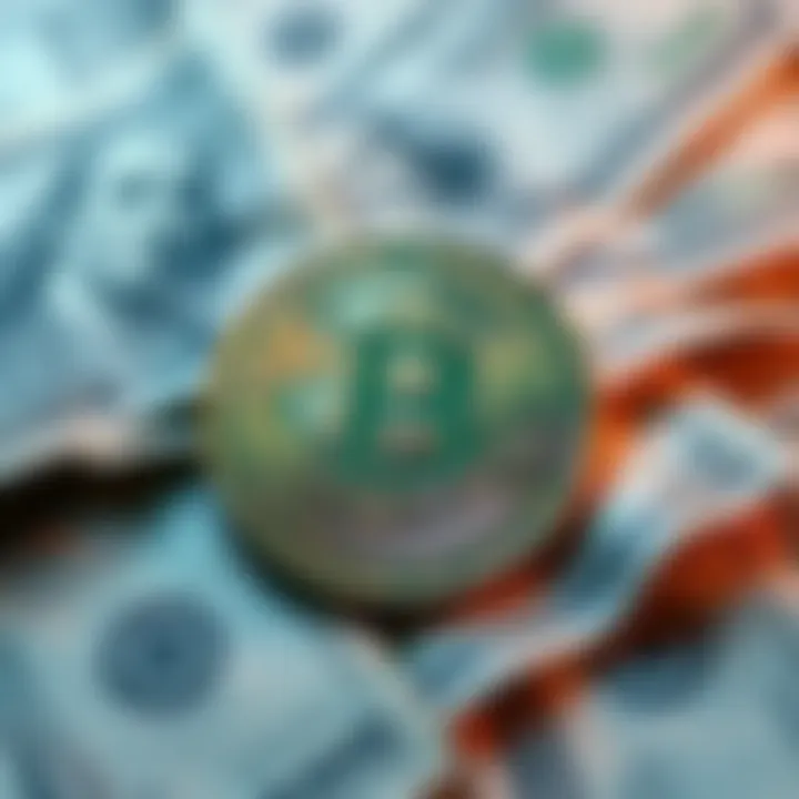 A visual representation of Bitcoin alongside dollar bills, symbolizing the relationship between cryptocurrency and cash.