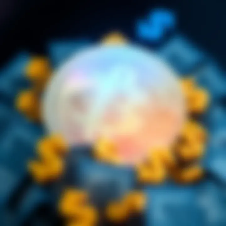 A Bitcoin symbol surrounded by dollar signs, illustrating the relationship between Bitcoin and traditional money.