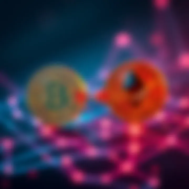An illustration showing Bitcoin and Ethereum symbols connected by arrows, representing the swapping process between the two cryptocurrencies.