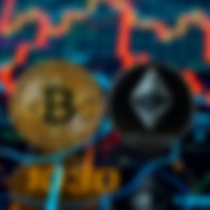 A visual comparison of Bitcoin and Ethereum logos on a digital background, representing investment options.