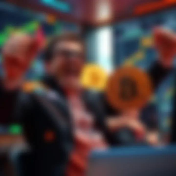 A successful trader celebrating a big profit from shorting Bitcoin and Ethereum, with charts and crypto symbols visible in the background.