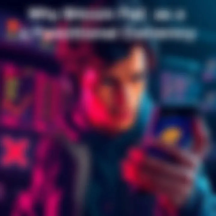 Bitcoin failing as currency A person looking frustrated while checking Bitcoin prices on a phone, illustrating its challenges as a functional currency.