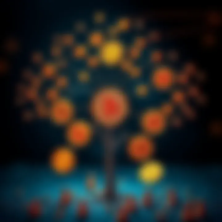 A visual representation of Bitcoin coins connected to a family tree, highlighting the concept of wealth transfer and inheritance.