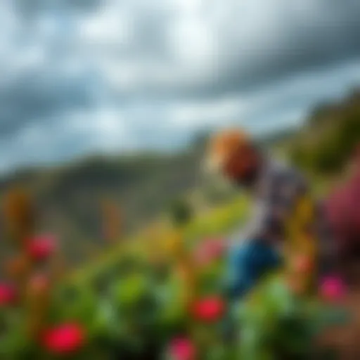 A farmer in Madeira mining bitcoin on a hillside surrounded by herbs.