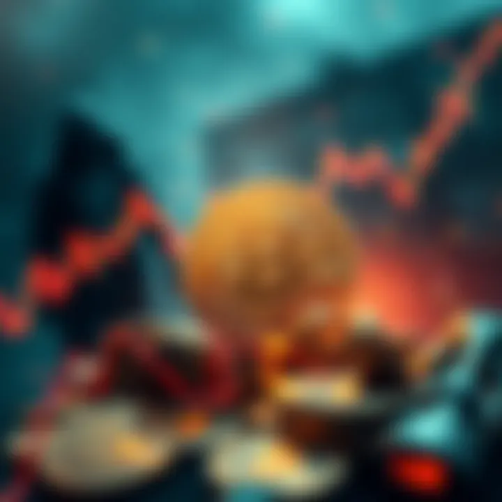 A visual representation of Bitcoin falling alongside a graph showing market decline, with a shadowy figure symbolizing influence.