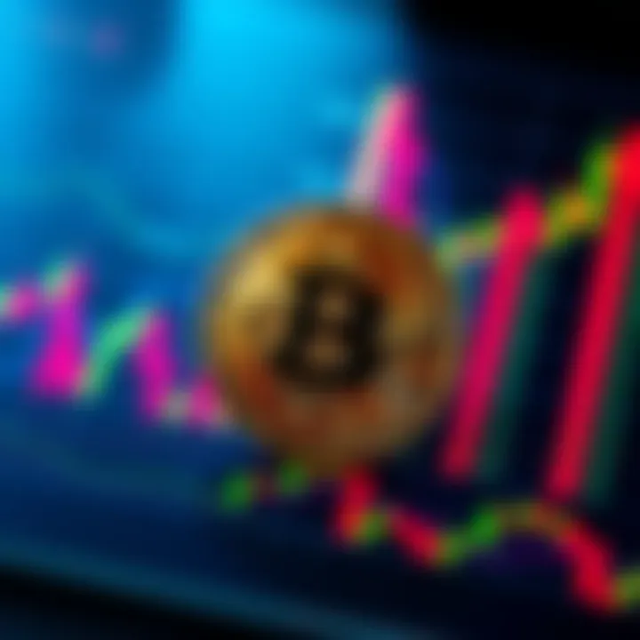 A Bitcoin symbol overlaid on colorful financial charts representing market trends