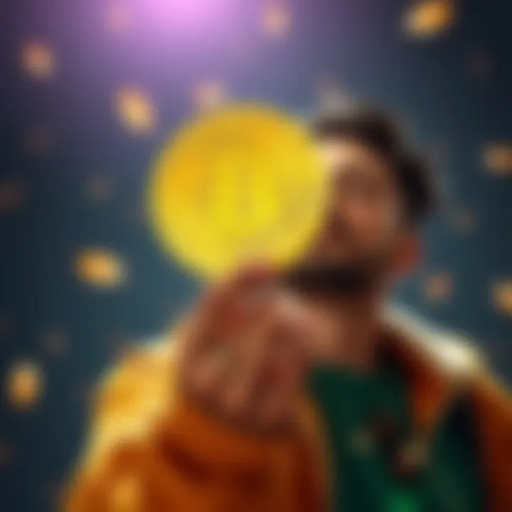 A person holding a Bitcoin with a relaxed expression, symbolizing financial freedom and independence from traditional money.