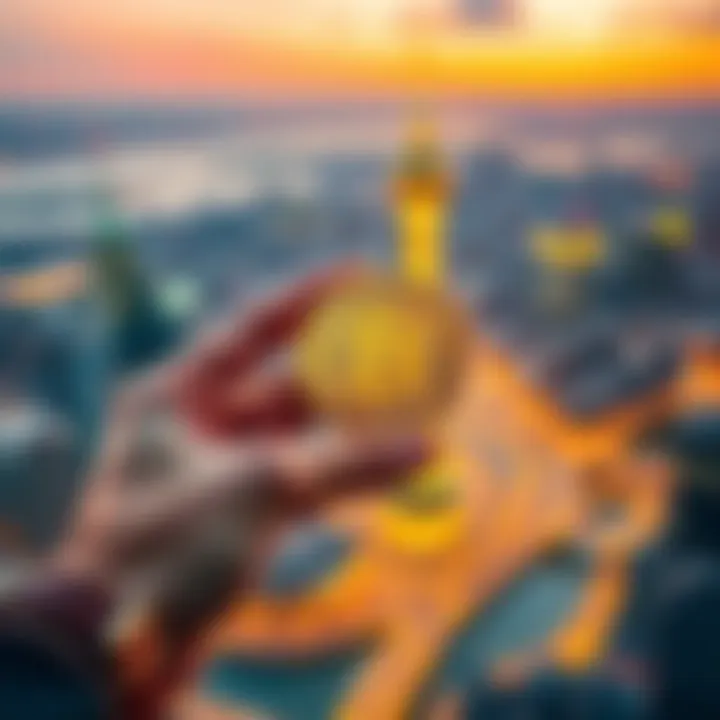 A person holding a Bitcoin in one hand while looking at a city skyline in the background representing financial independence against CBDC control