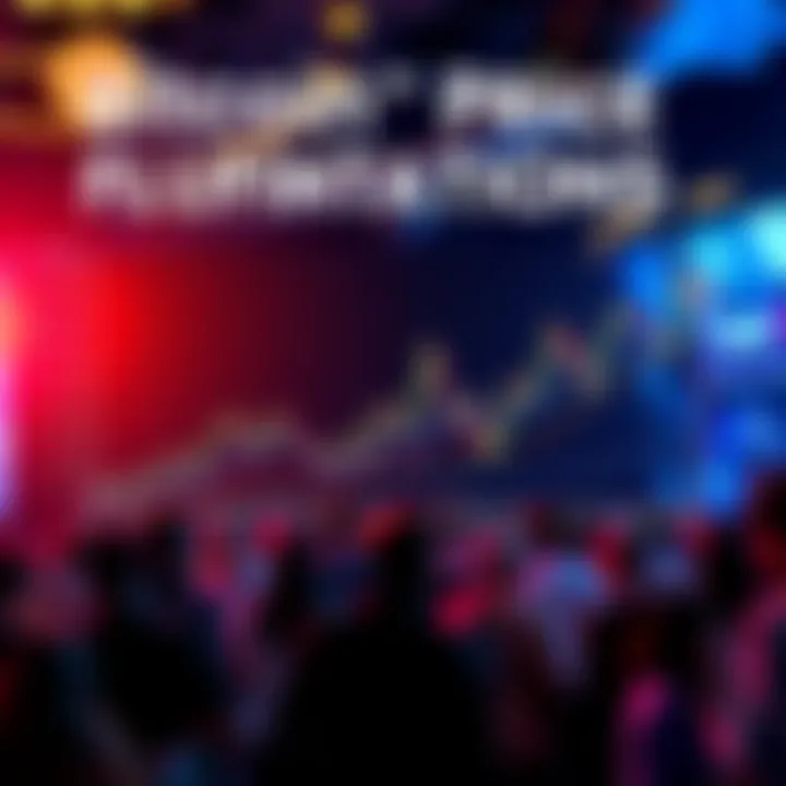 Bitcoin Price Fluctuations A graph showing dramatic ups and downs in Bitcoin's price over time, with colorful lines representing changes, and a background of excited people discussing cryptocurrency.