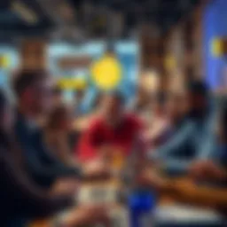 A group of diverse people discussing Bitcoin in a busy cafe, with charts and graphs on laptops showing market trends.